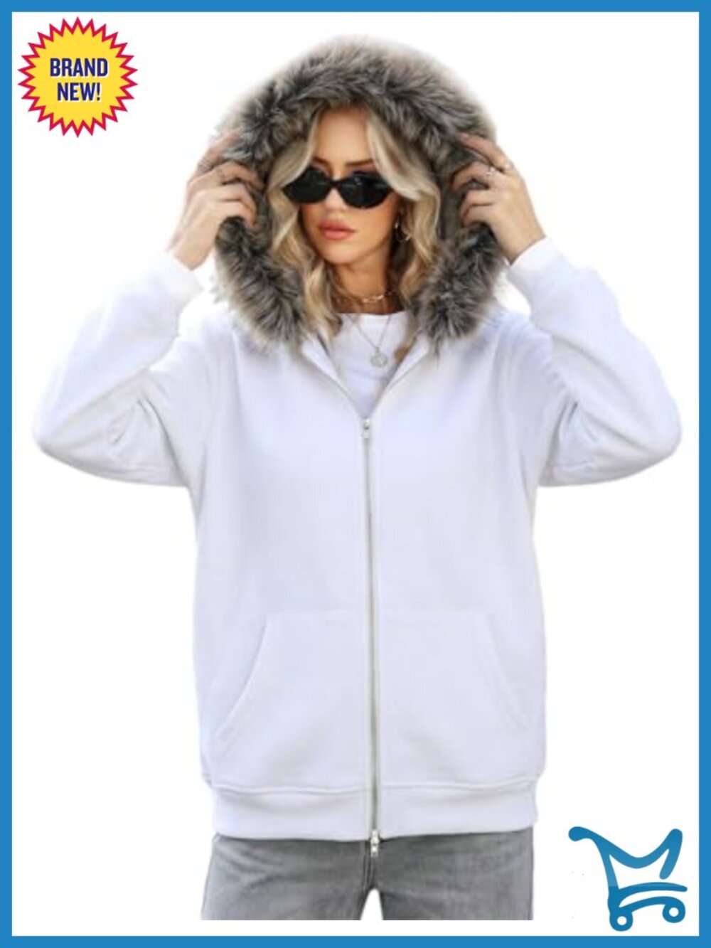 Y2K Zip Up Hoodie Jacket Emo Grunge Faux Fur Trim Streetwear Oversized Vintage